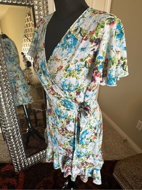 Floral Midi Wrap Dress in Blue and Green